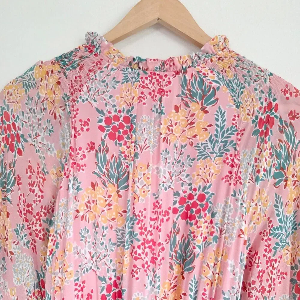 Boden Pink Floral Tiered Midi Dress Long Sleeve Viscose Belted Maxi Size 6R 6